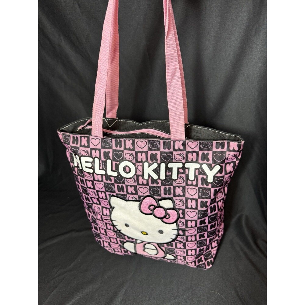 2012 Sanrio Hello Kitty Pink Black Checkered HK Hearts Tote Bag - Kawaii Embroid - Picture 6 of 11